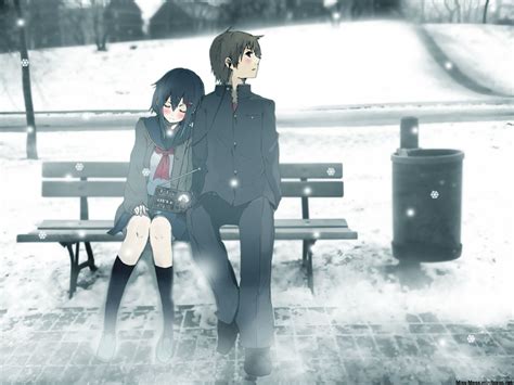 anime couple sitting together|cute anime couples on bench.